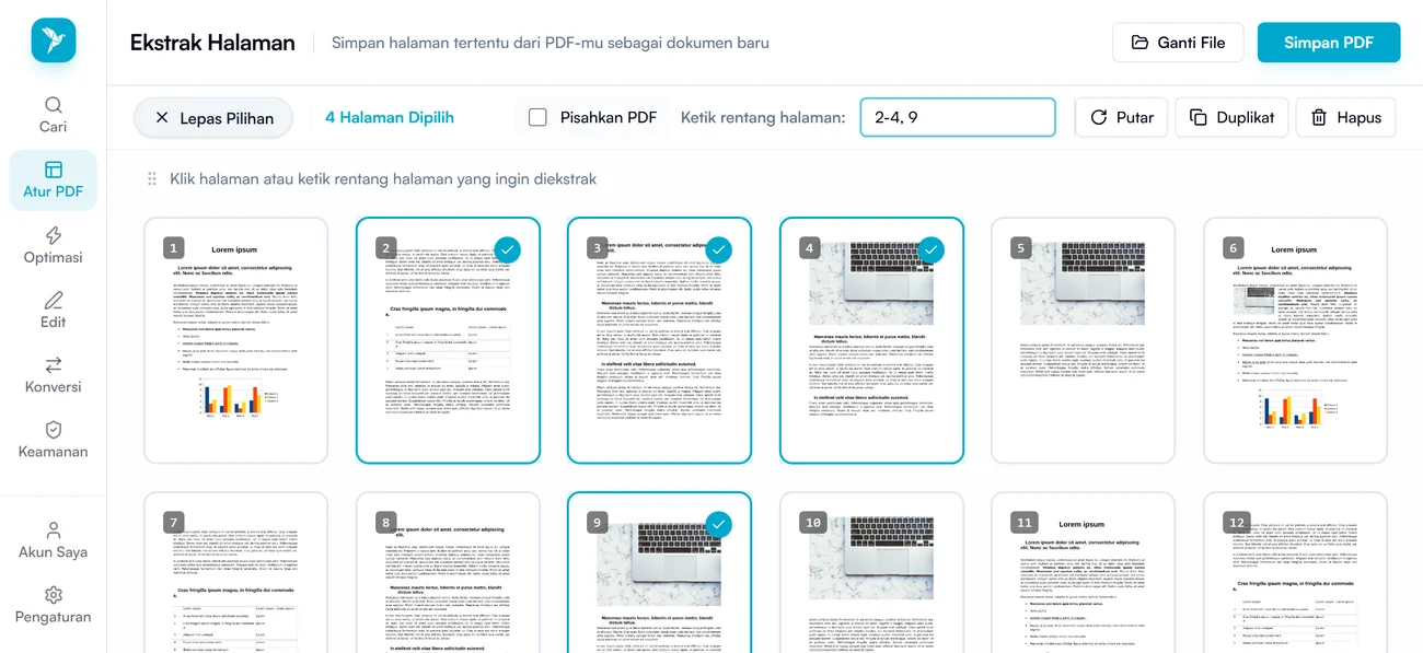 Alat Ekstrak Halaman dengan rentang halaman 2-4, 9 diketik dan empat halaman bertanda centang, serta tombol Simpan PDF di kanan atas
