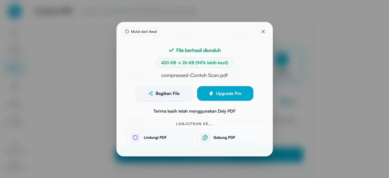Dialog hasil kompresi yang menampilkan ukuran berubah dari 420 KB menjadi 26 KB