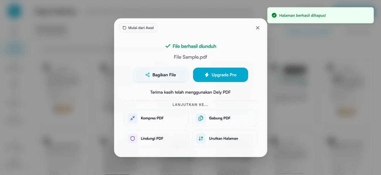 Dialog yang menyatakan file berhasil diunduh, dengan pilihan lanjutan ke Kompres PDF, Gabung PDF, Lindungi PDF, dan Urutkan Halaman