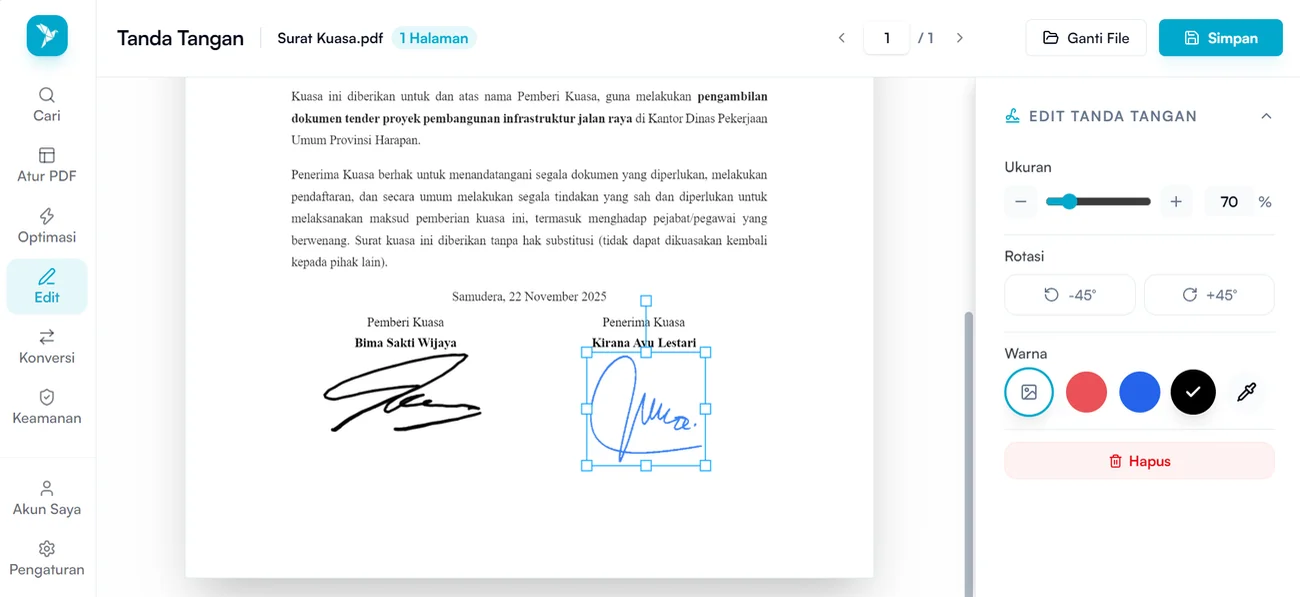 Tanda tangan biru yang dipilih dengan titik pengatur di sudutnya, dan panel Edit Tanda Tangan berisi pengaturan ukuran, rotasi, dan warna di sebelah kanan