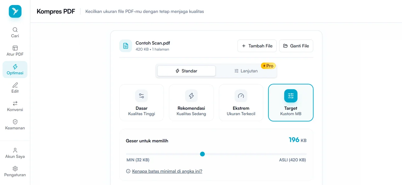 Mode Target di alat Kompres PDF dengan slider di 196 KB, batas MIN 32 KB, dan ukuran asli 420 KB