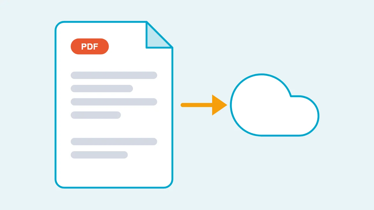File PDF dengan panah menuju awan, yang melambangkan file diunggah ke server di internet